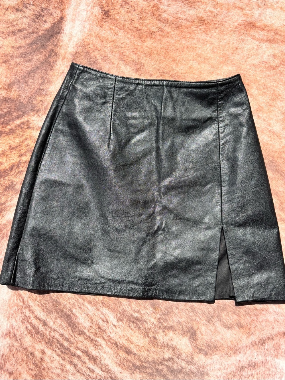 Vintage Black GENUINE Leather Mini Skirt with Front Slit - Women
